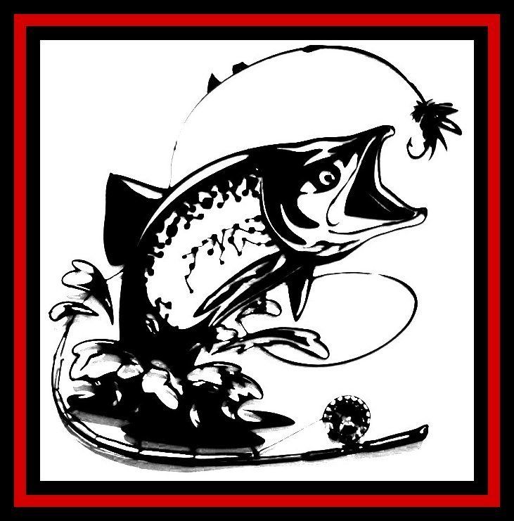 a black and white drawing of a fish and a fishing rod