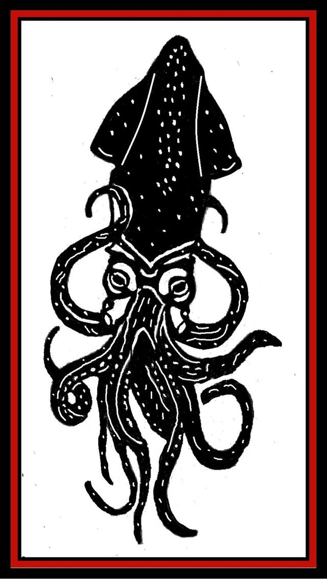 a black and white drawing of a squid with tentacles