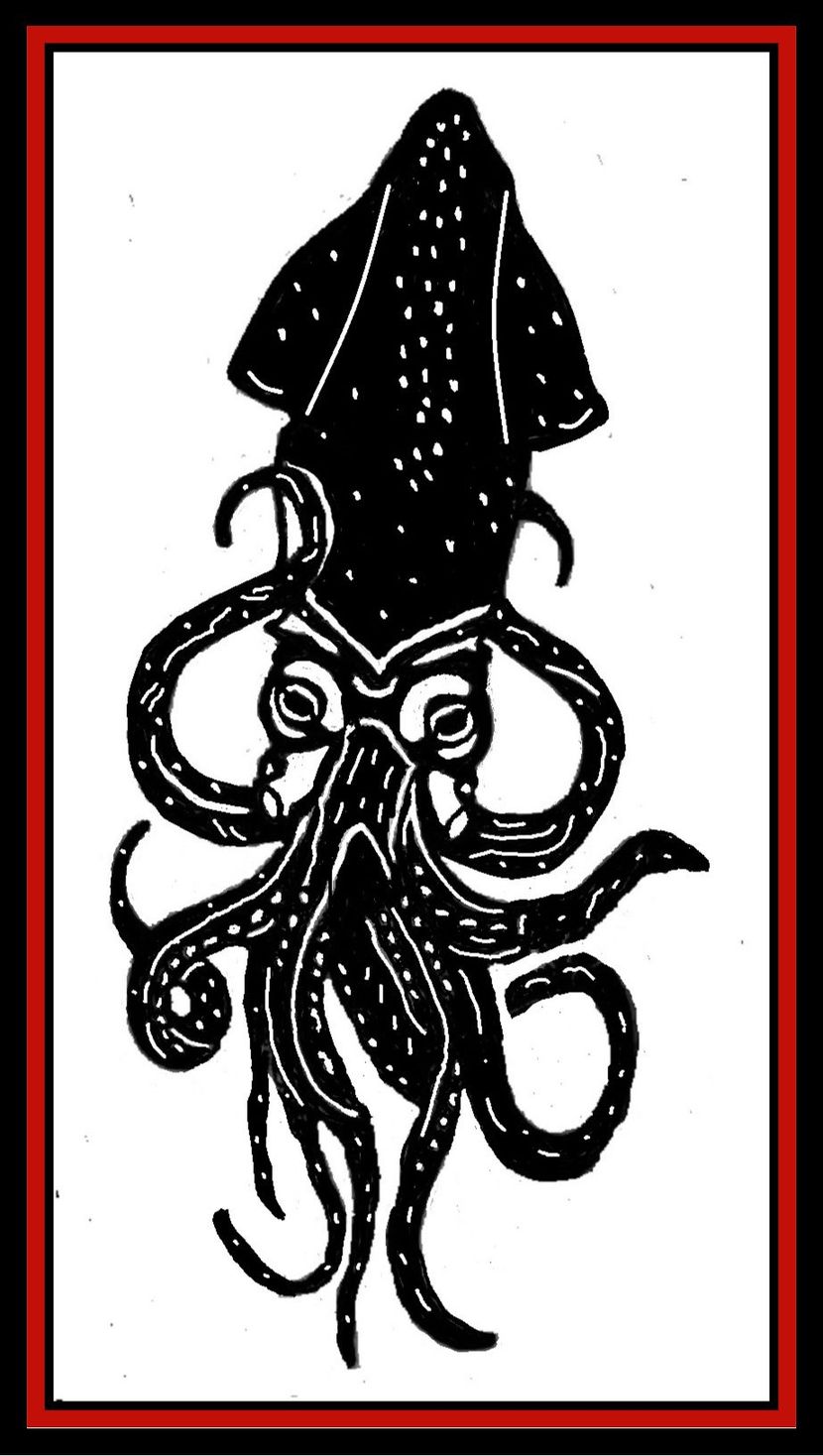 a black and white drawing of a squid with tentacles