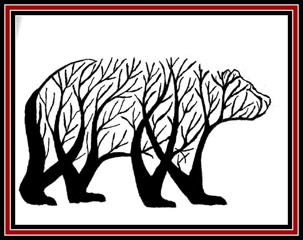 a black and white drawing of a bear with trees inside of it