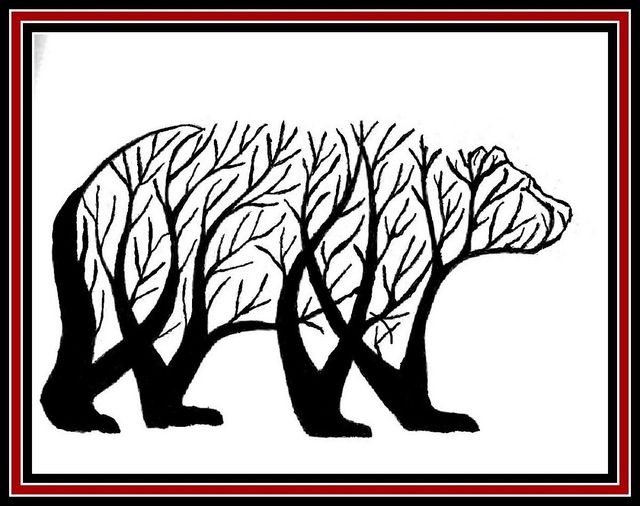 a black and white drawing of a bear with trees inside of it