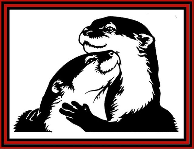 a black and white drawing of two otters hugging each other