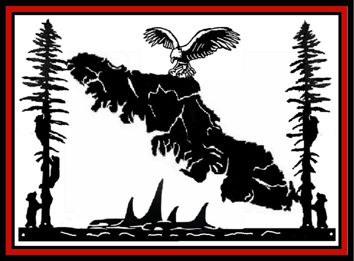 a black and white drawing of an eagle and sharks vancouver island