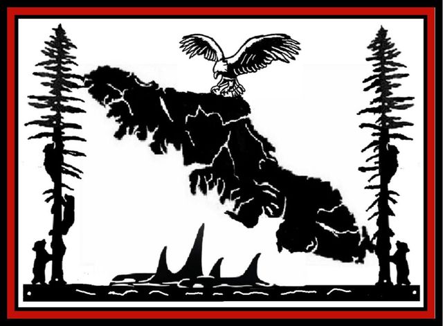 a black and white drawing of an eagle and whales vancouver island