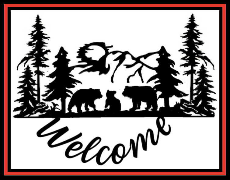 a black and white welcome sign with bears and trees