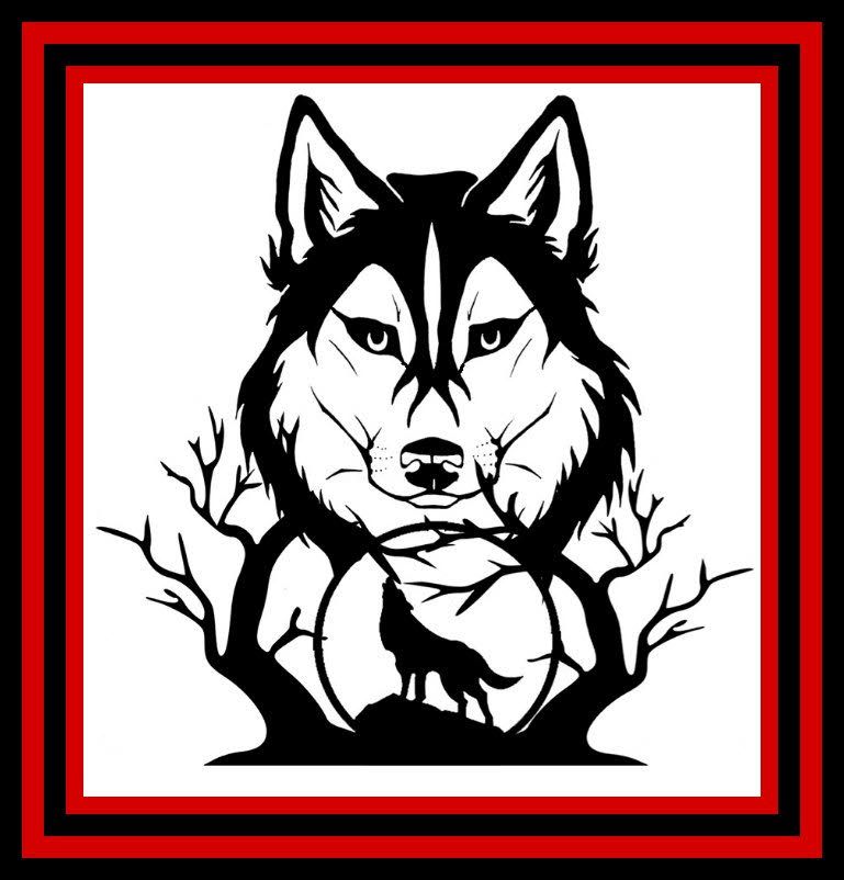 a black and white drawing of a wolf with a tree in the background