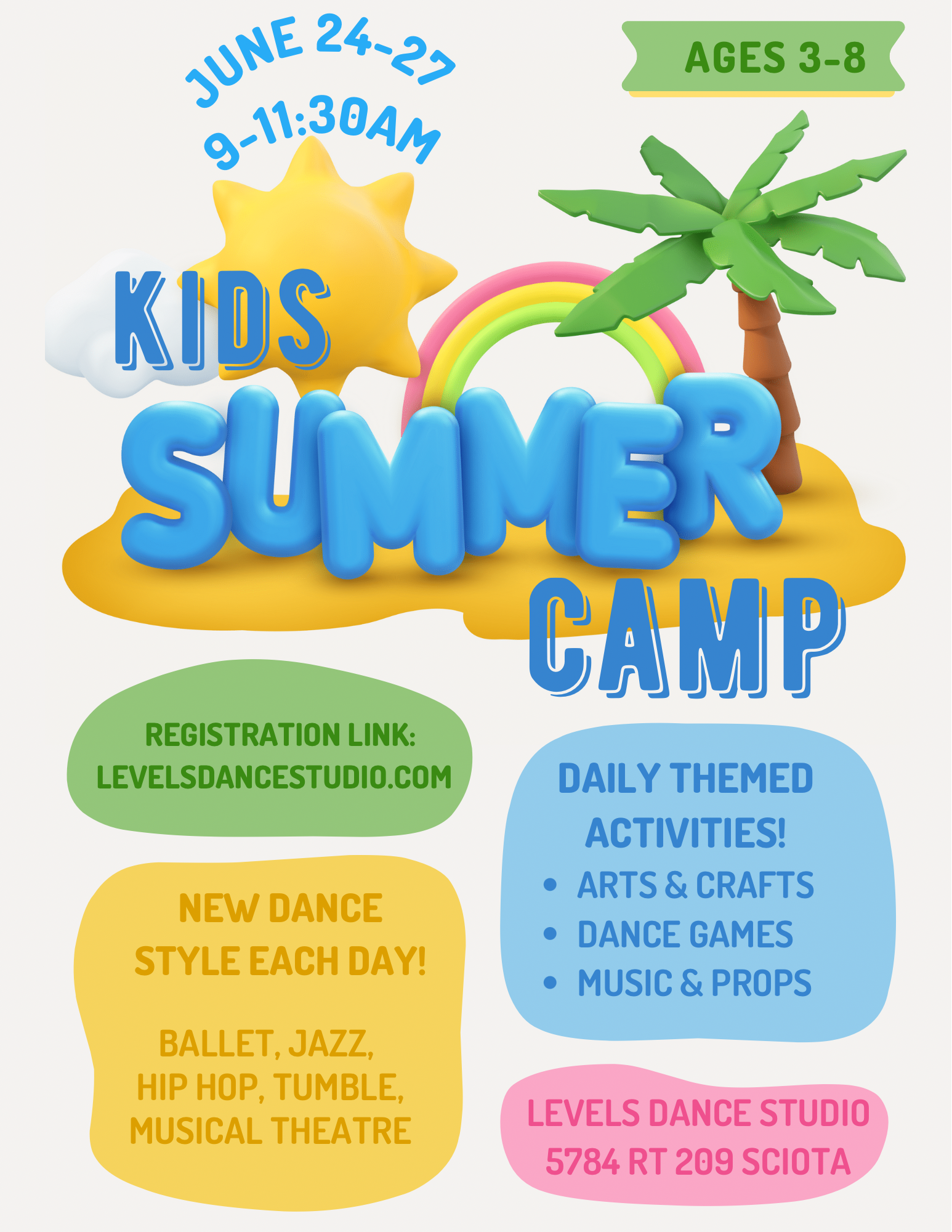 A poster for a kids summer camp for ages 3 to 8