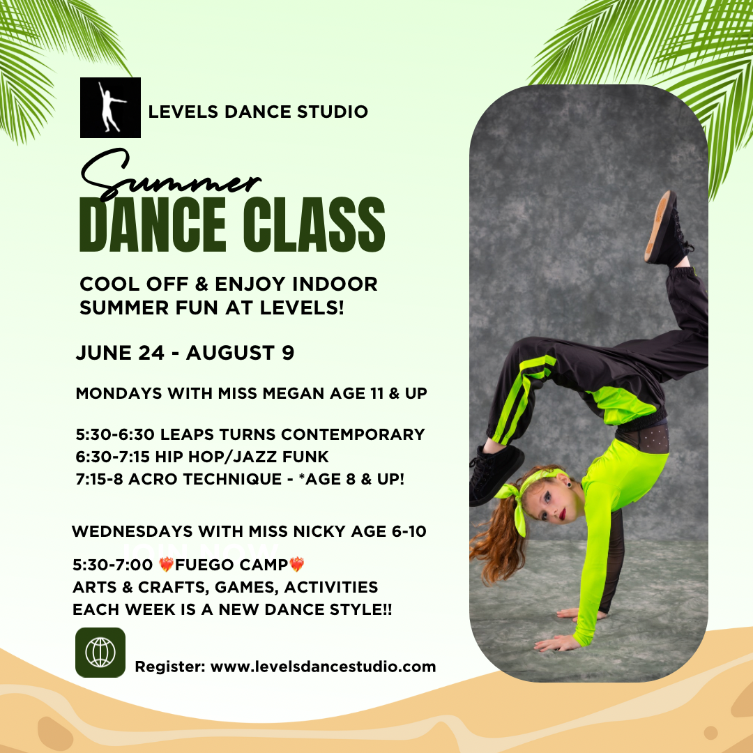 A poster for a summer dance class with a girl doing a handstand.