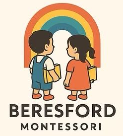 Two children with books facing a rainbow, “Beresford Montessori” text.