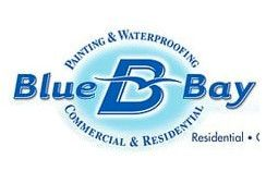 Logo for Blue Bay Painting & Waterproofing, blue and white, with the text