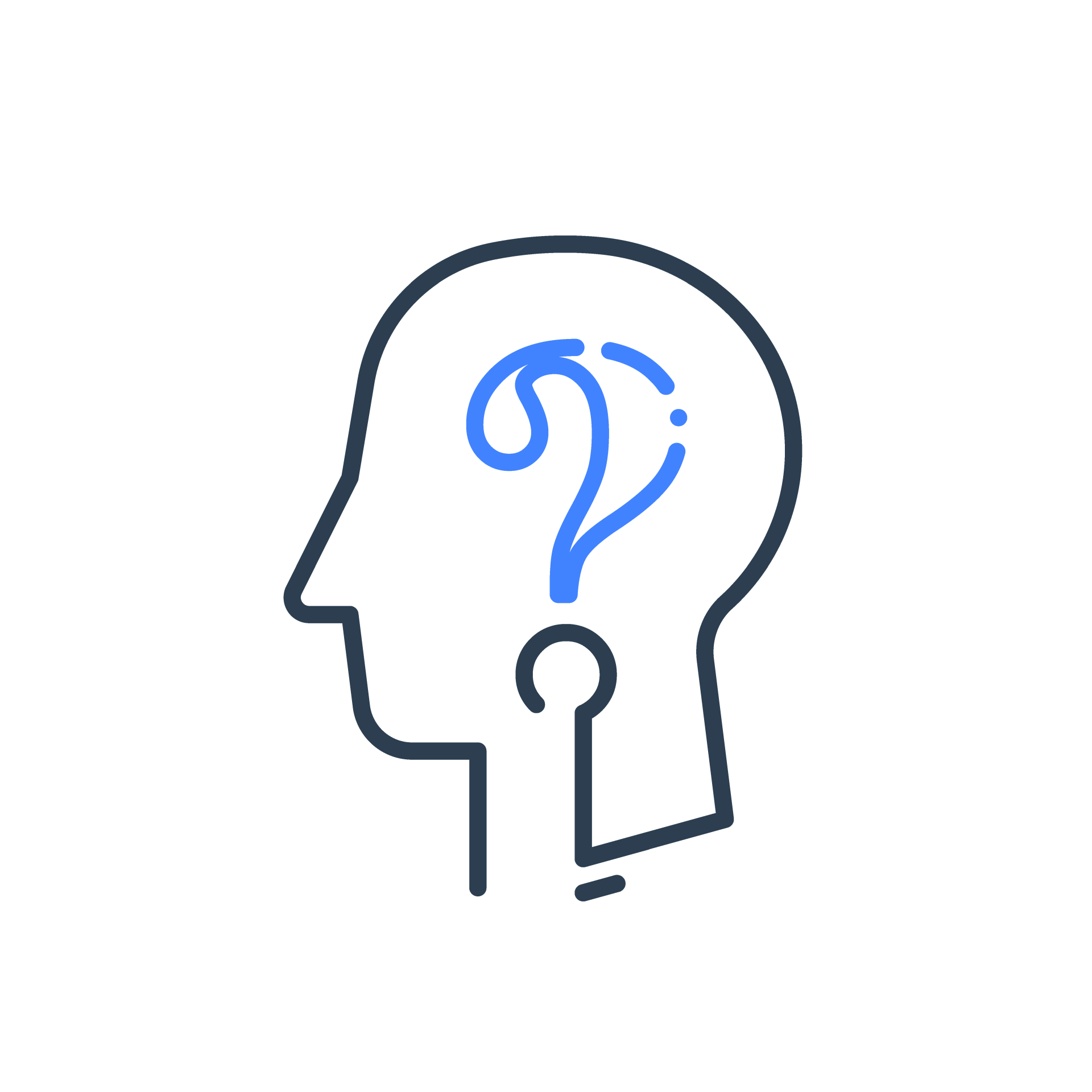 A line drawing of a person 's head with a question mark in it.