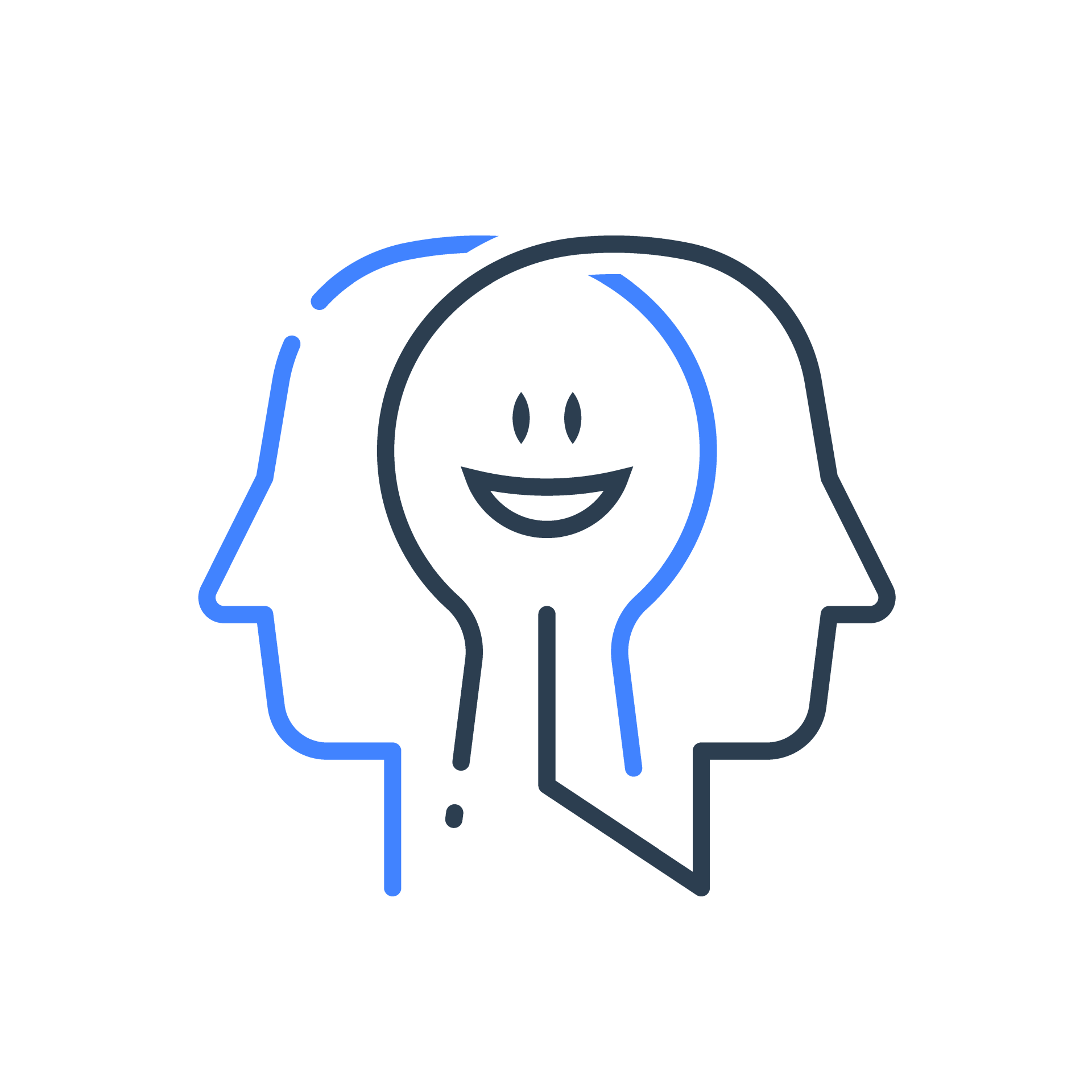 A line drawing of two heads with a smiling face in the middle.