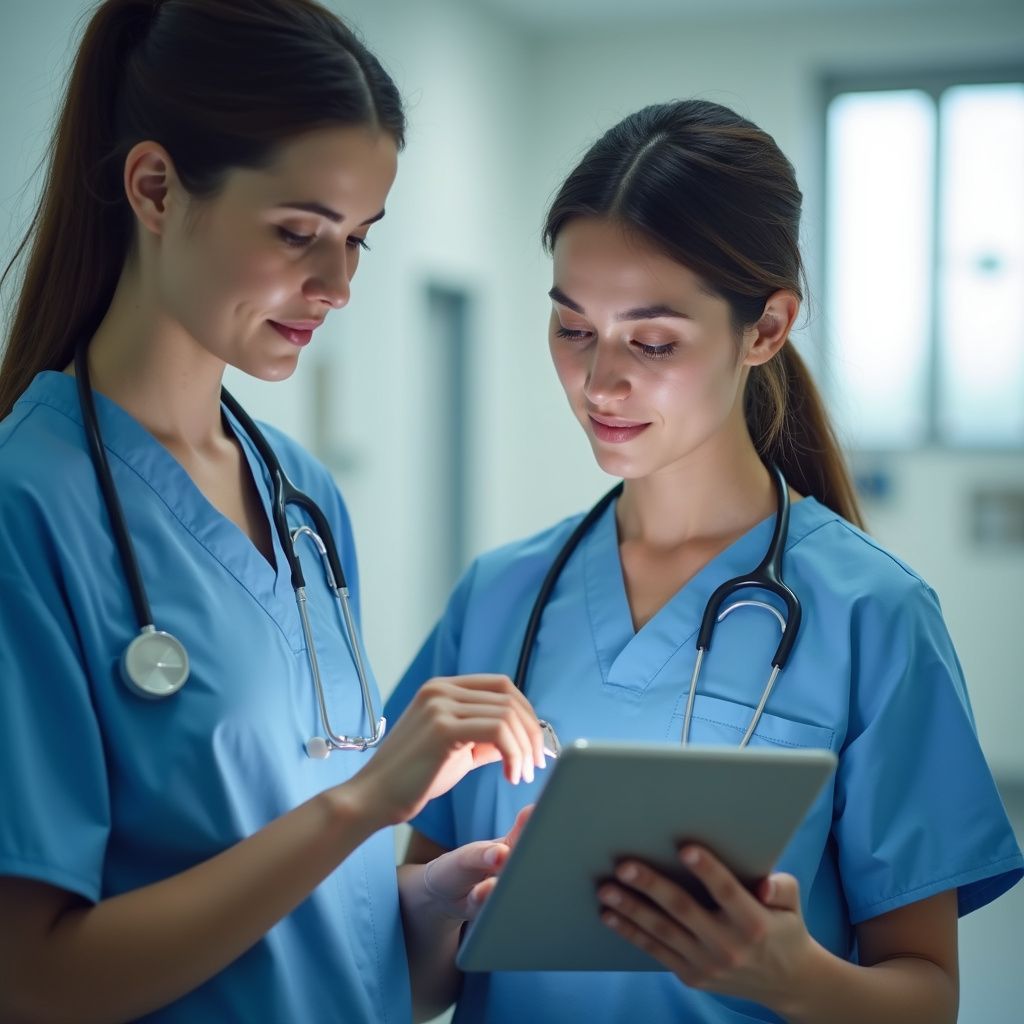 Two nurses in blue scrubs looking at a tablet in a hospital hallway. One points to the screen.