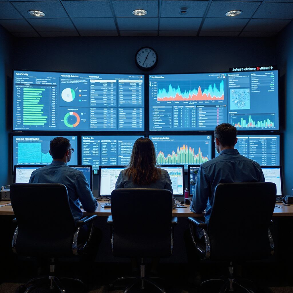 Three people monitoring data on multiple screens in a dark control room.