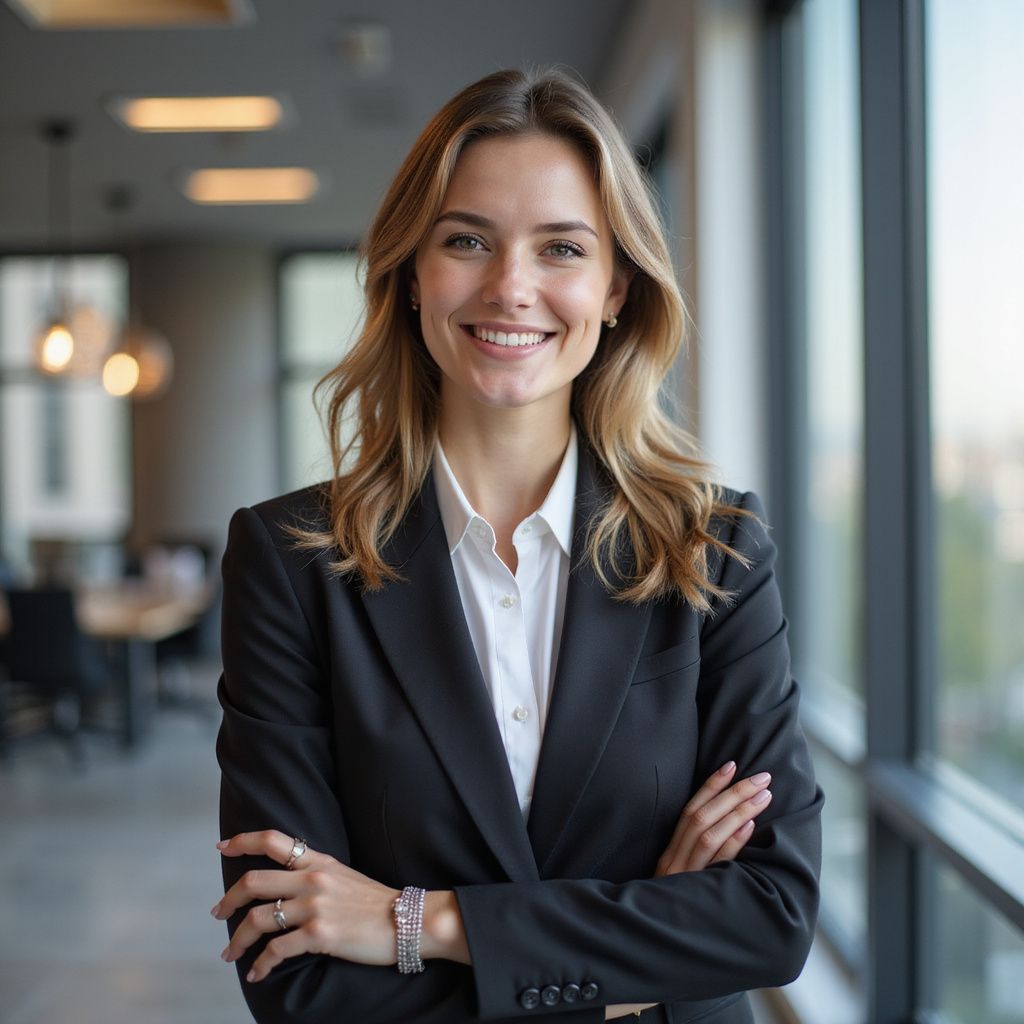 Woman in a black suit smiles confidently with arms crossed in a modern office.