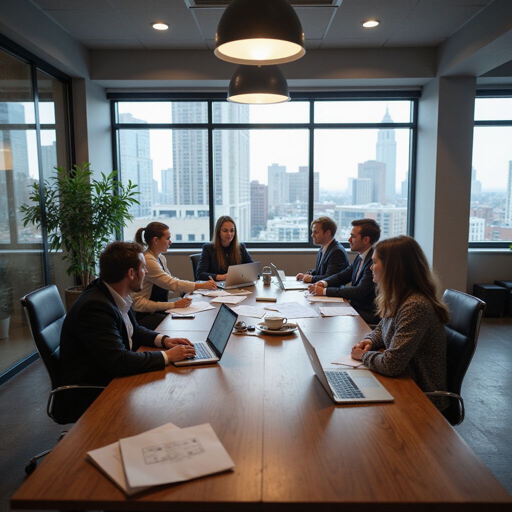 A business meeting in a modern office with city views. Six people sit around a table with laptops and documents.