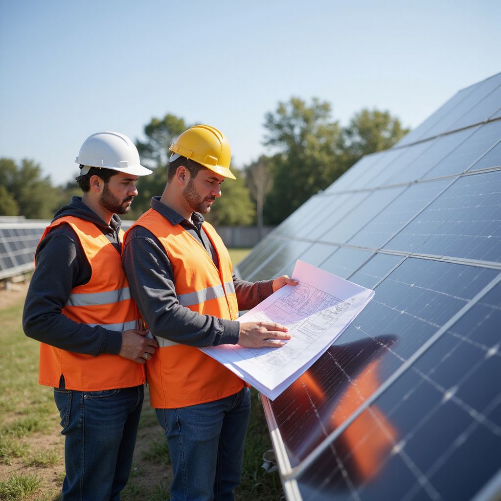 Two men in safety vests and helmets review a blueprint beside solar panels outdoors.