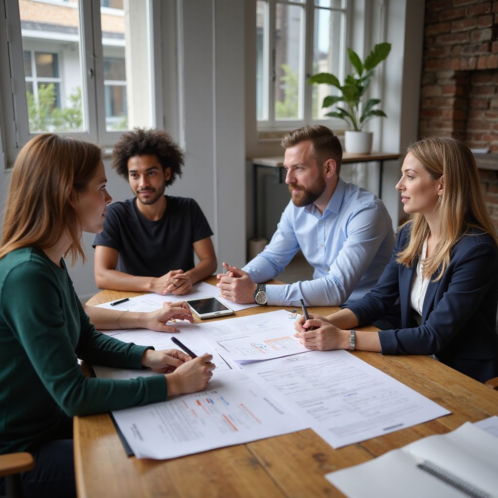 Four people at a table in a bright office, reviewing documents and discussing ideas.
