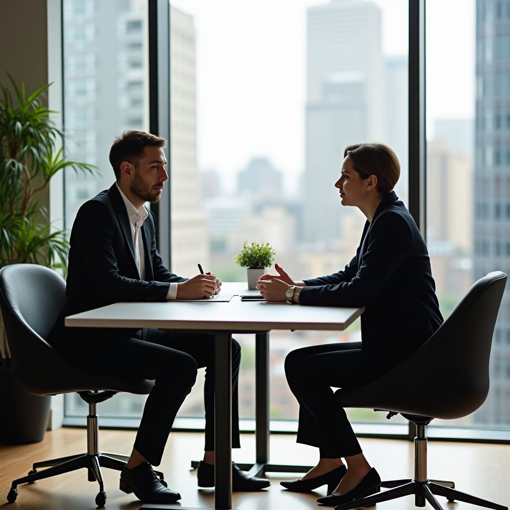 A man and woman in suits sit across from each other at a table, conversing in an office.