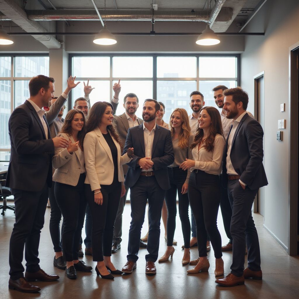 Group of diverse businesspeople in an office, celebrating a success with smiles, laughter, and raised arms.