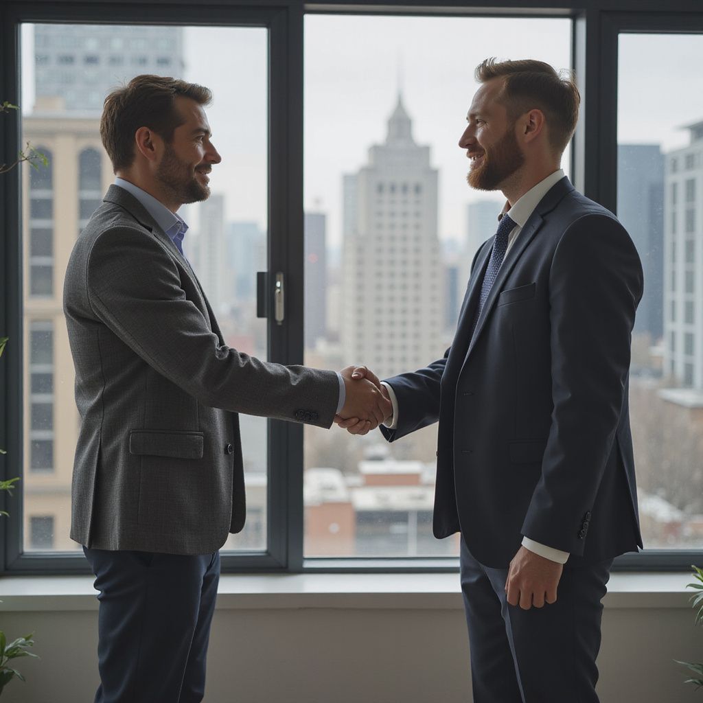 Two men in suits shaking hands by a window, smiling, urban background.