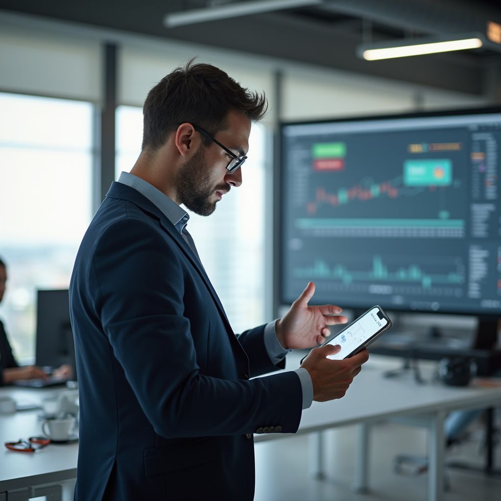 Man in suit reviews tablet, stock charts on large screen in office.