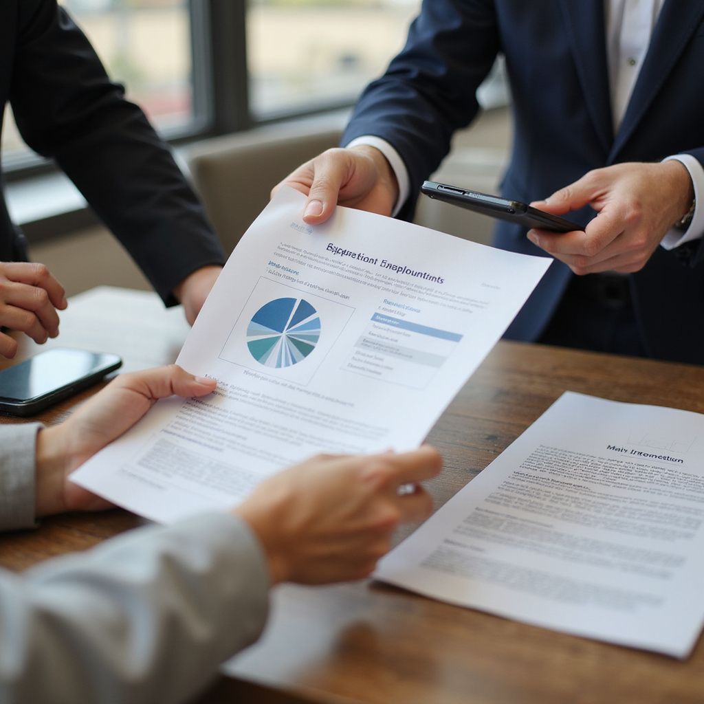 Businesspeople reviewing financial reports, charts on desk, presenting data.