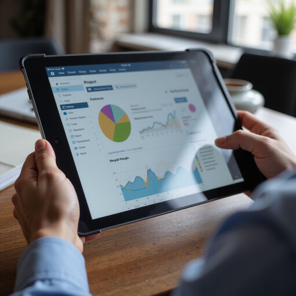 Person holding a tablet displaying data analytics on a wooden table, near a window.
