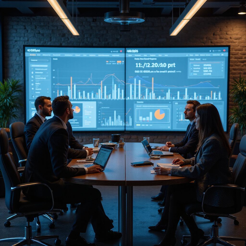 Businesspeople in a meeting, looking at data displayed on a large screen.