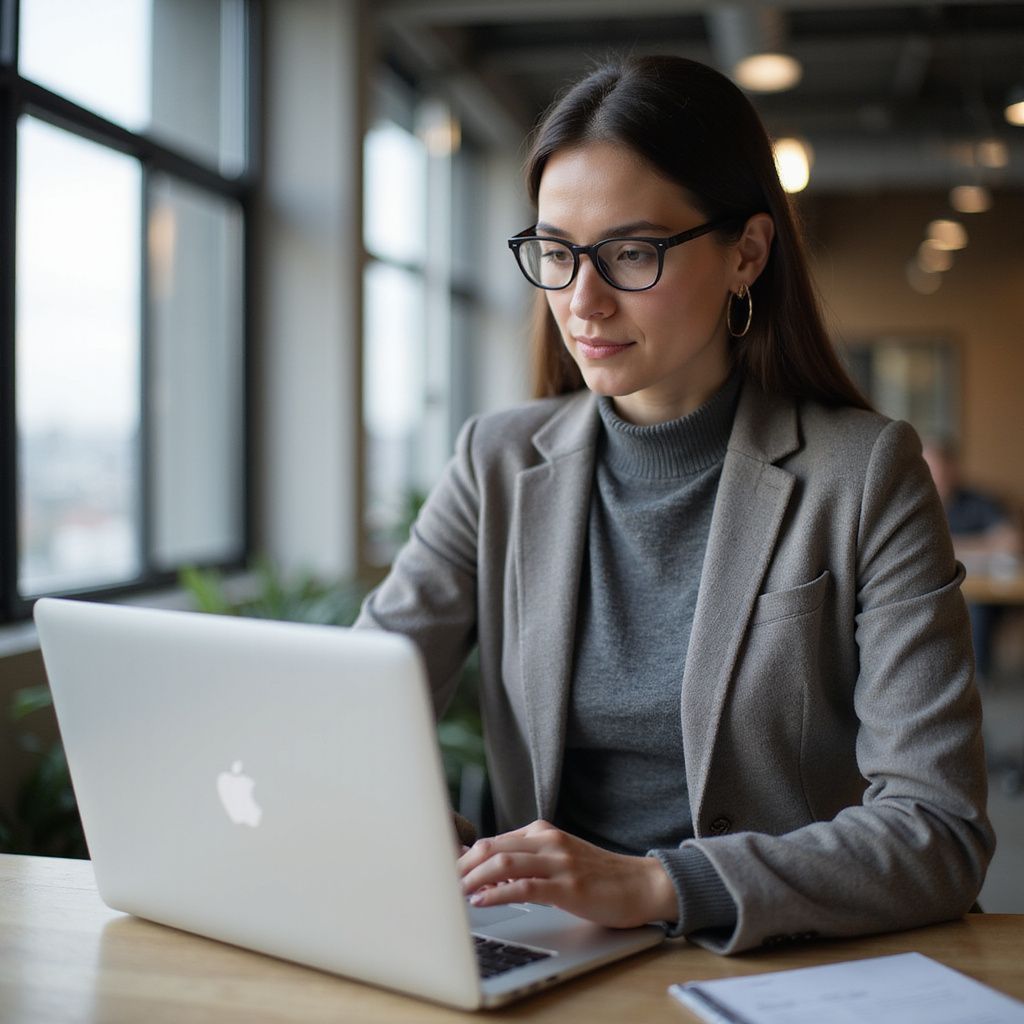 Woman in glasses and blazer typing on laptop in an office setting.