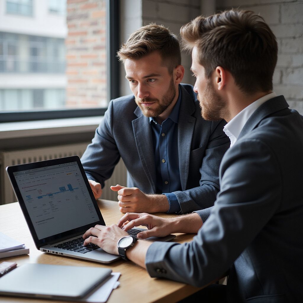 Two men in suits looking at a laptop, possibly discussing data.  Brightly lit office.