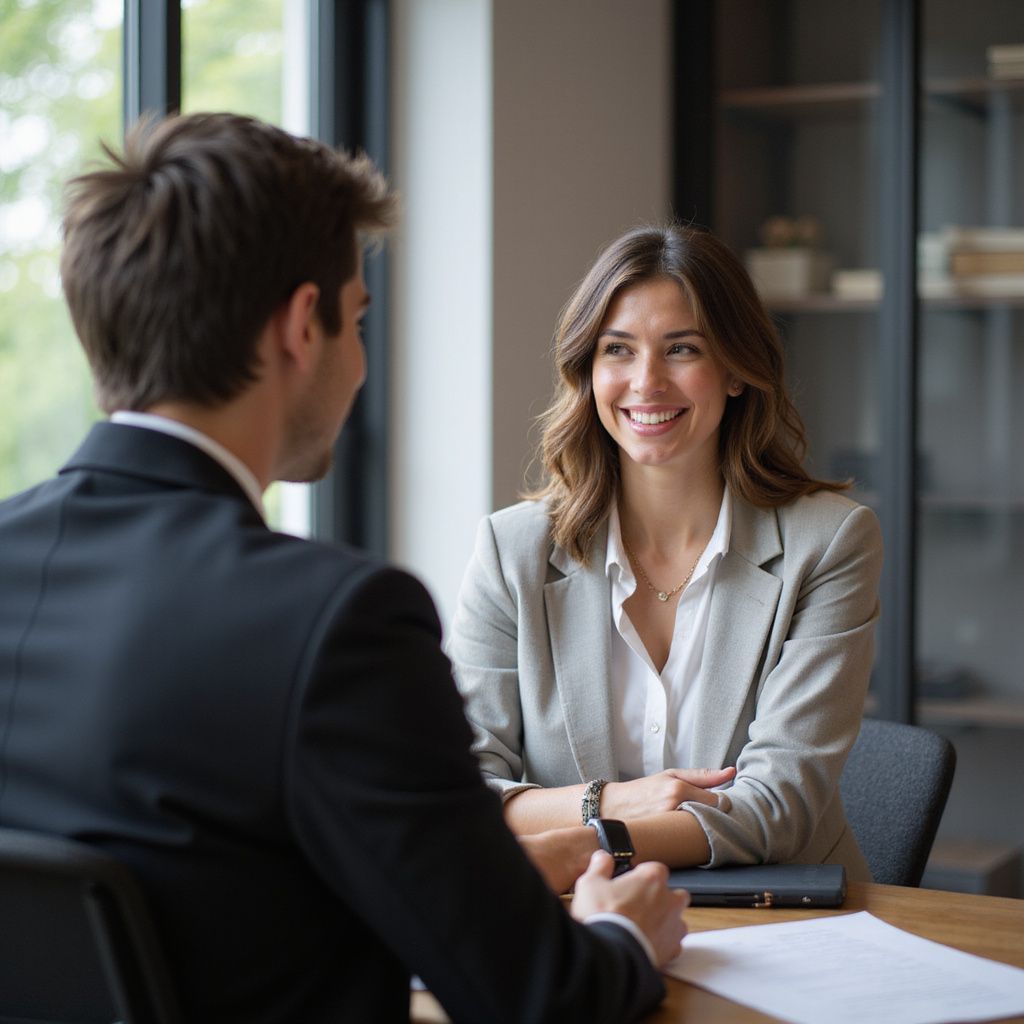 Man and woman in business attire at a table, smiling during a meeting.