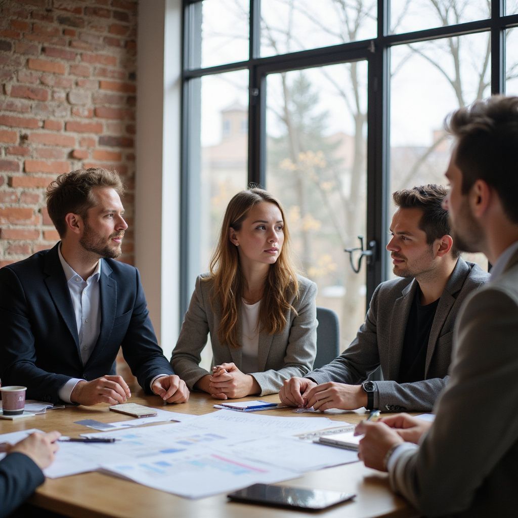 Business team in a meeting, discussing documents at a table, with a window and brick wall in the background.