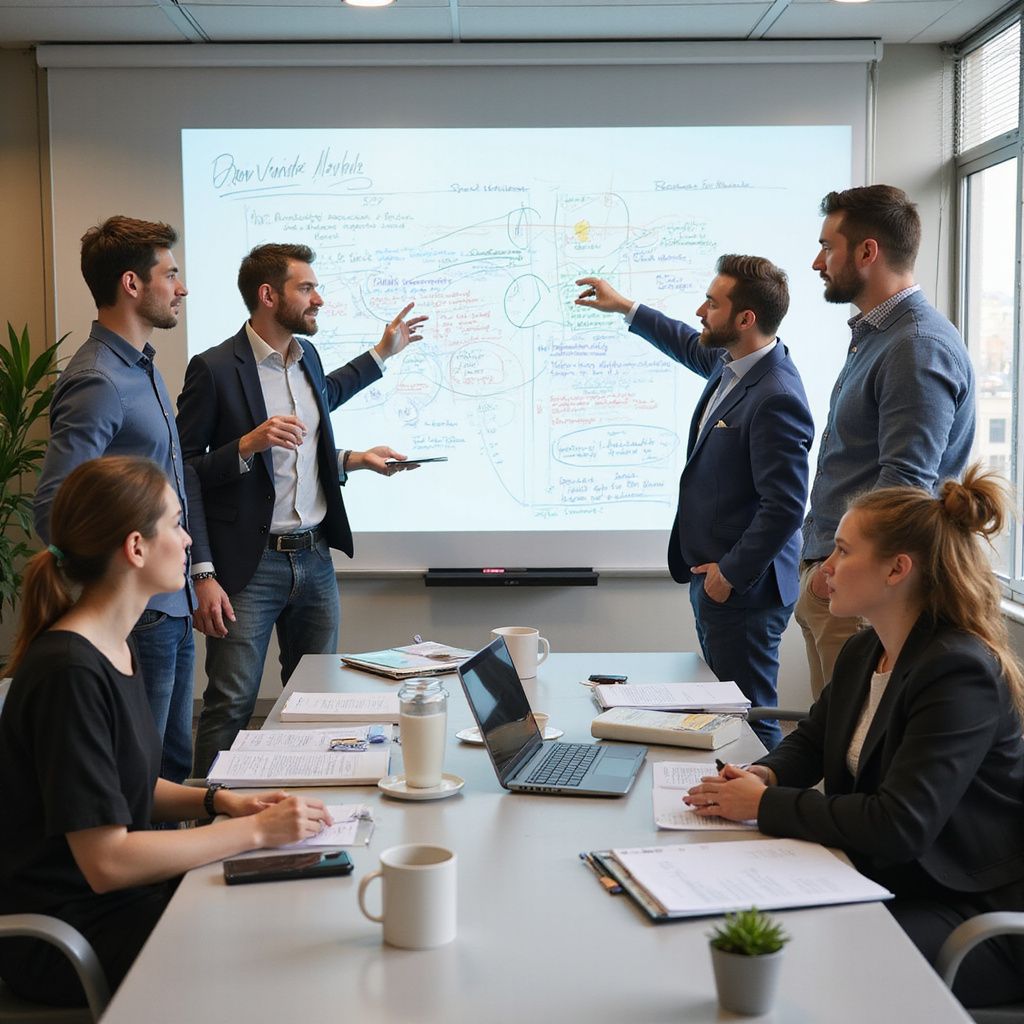 A team in a meeting discussing a whiteboard presentation. Office setting.