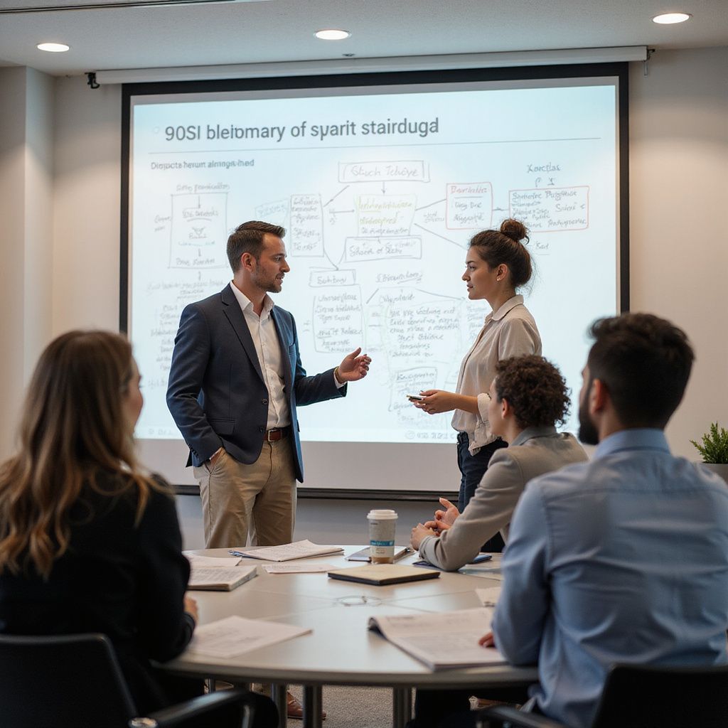 Group in a meeting with two people presenting, flow chart on screen, and round table.