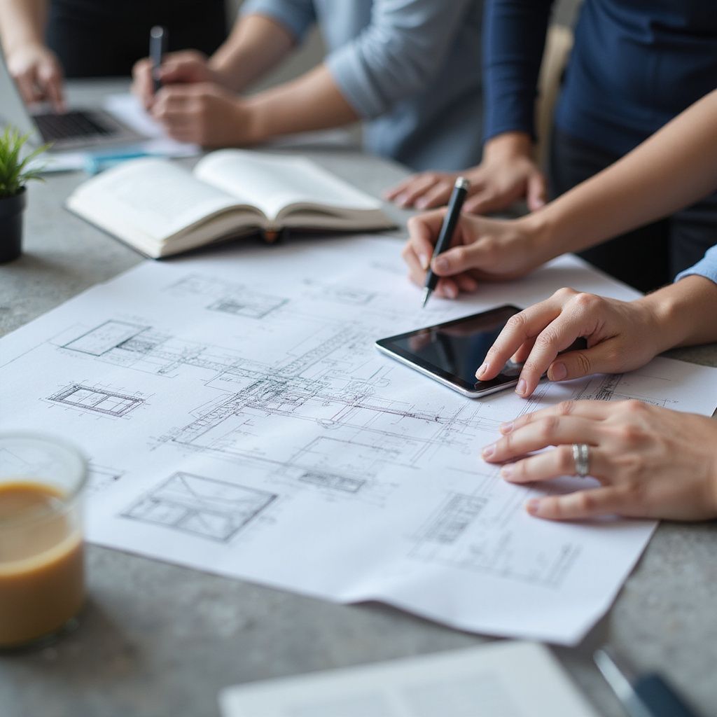 People collaborating around blueprints, using tablets and taking notes at a table.