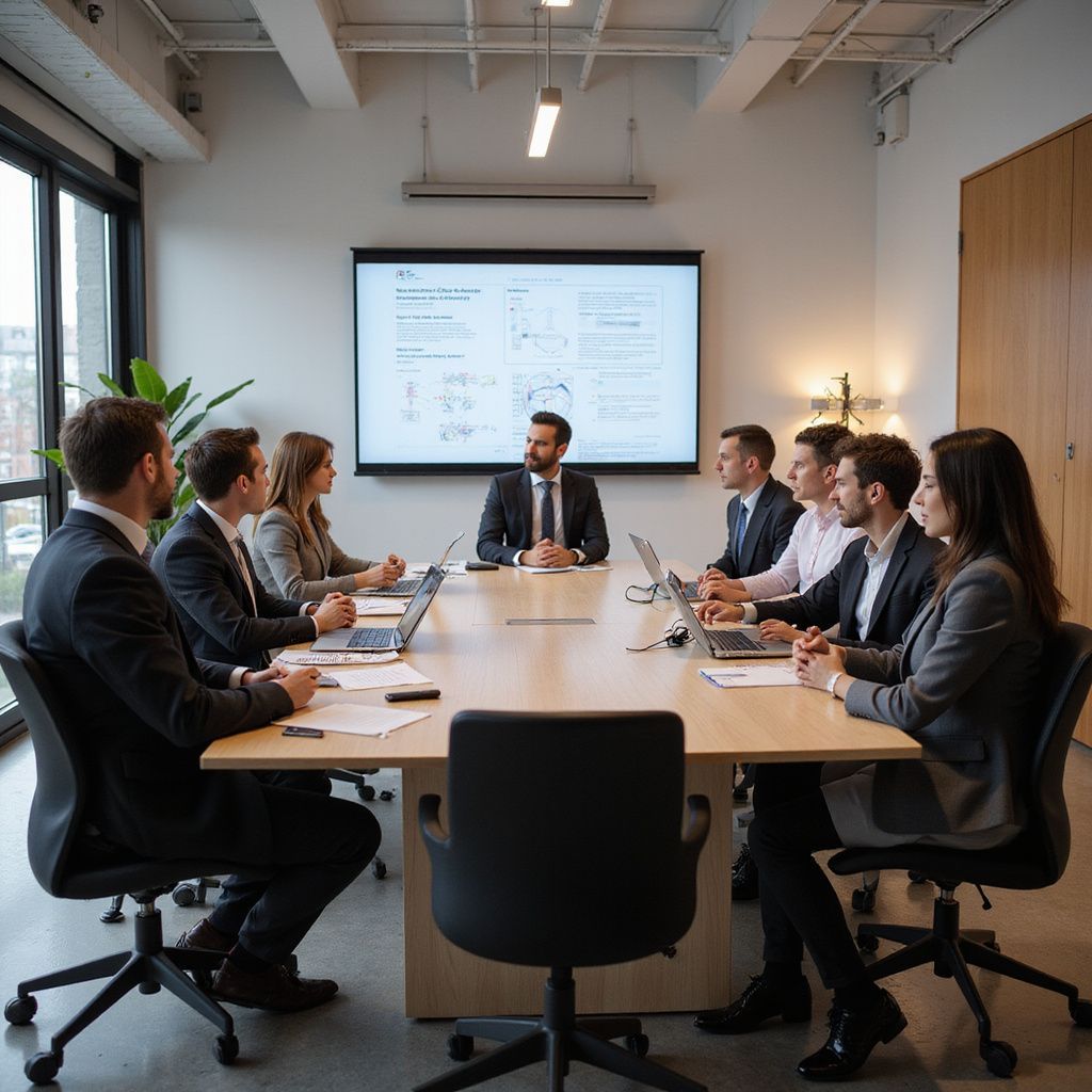 Group of people in business attire in a meeting room looking at a presentation on a screen.
