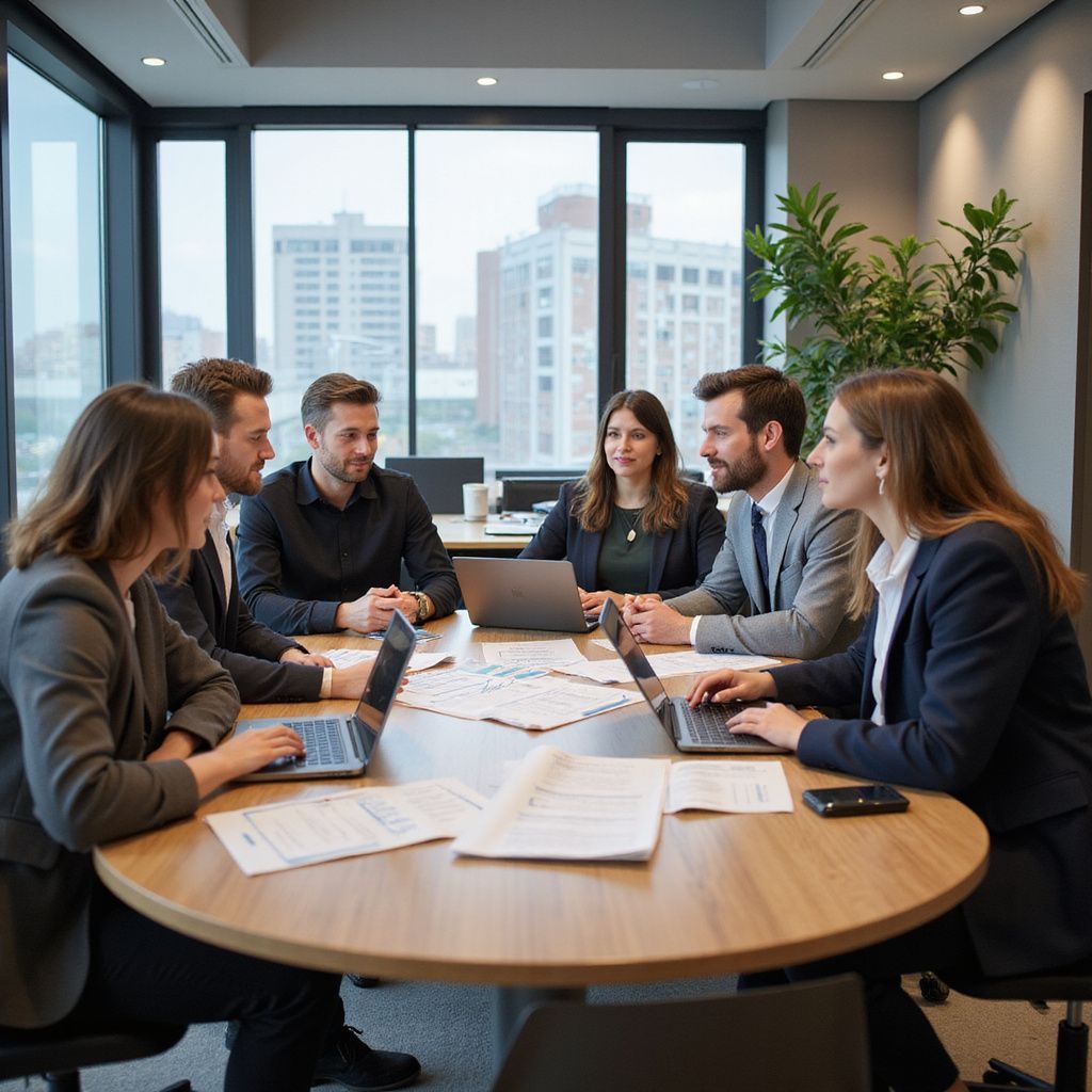 A business meeting in a modern office. Six people around a round table, looking at laptops and papers.