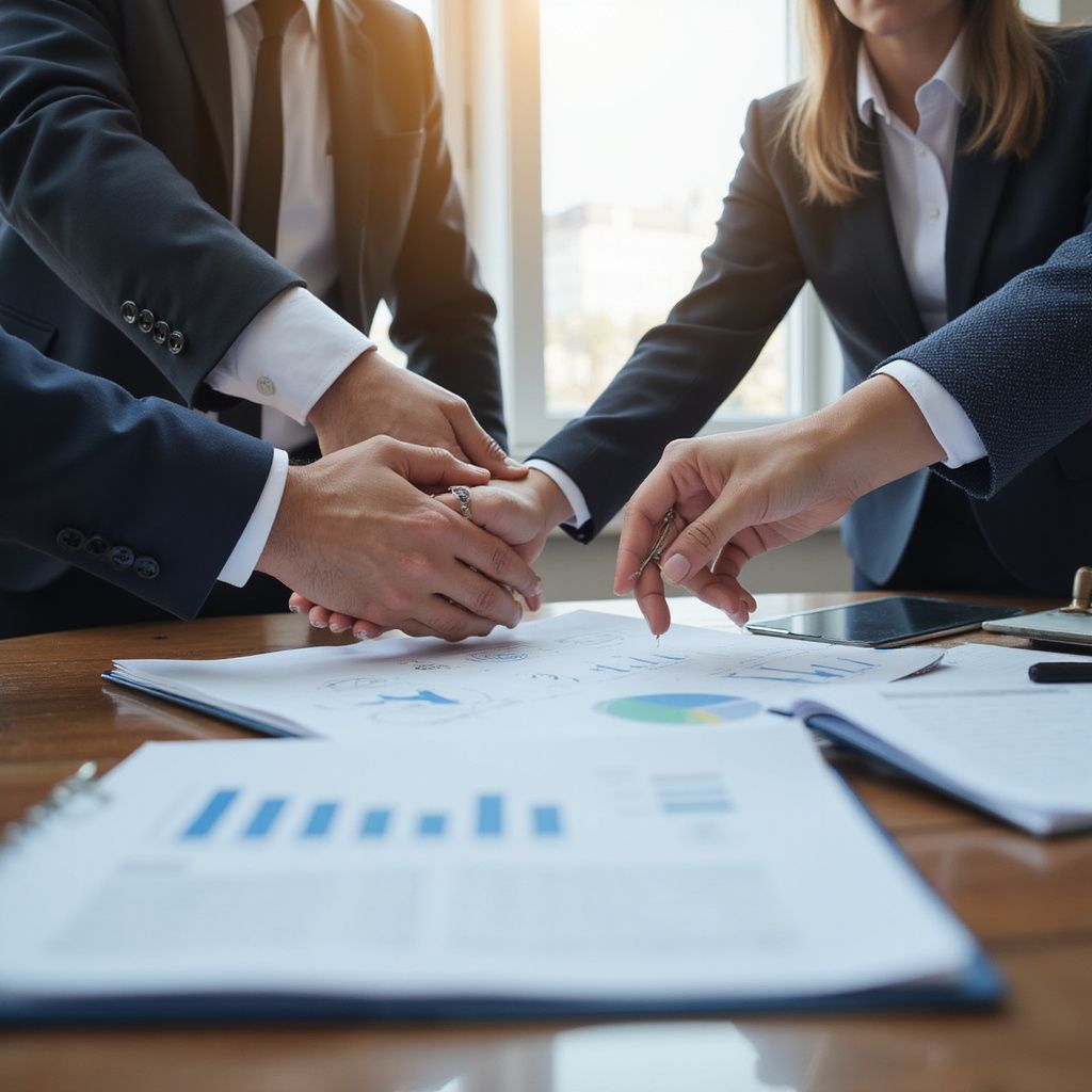 Business people in suits shaking hands over documents.