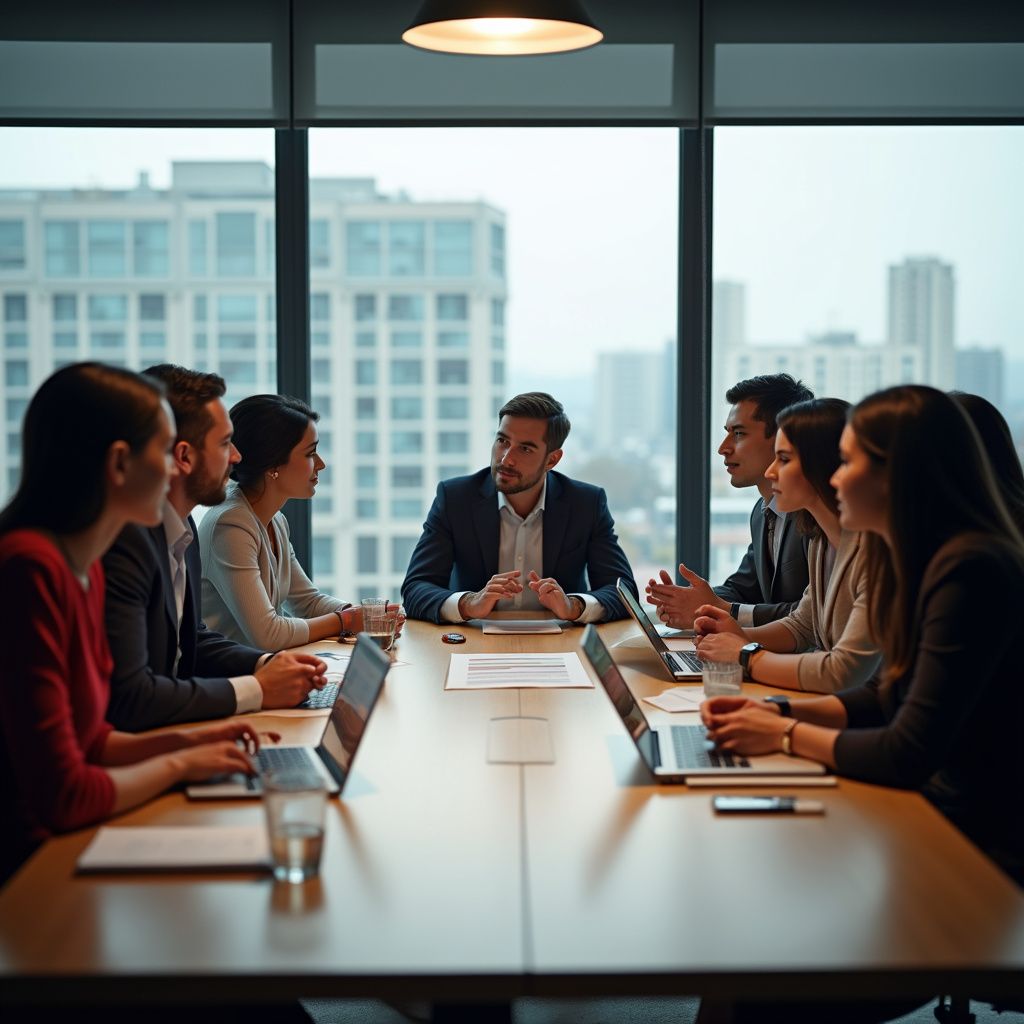 Business meeting in a modern office; people seated around a table discussing.