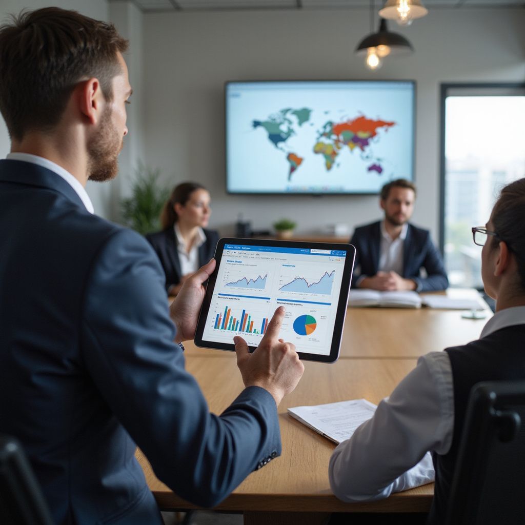 Business meeting: Man points to tablet with graphs, presenting data. Others at table, world map on screen.