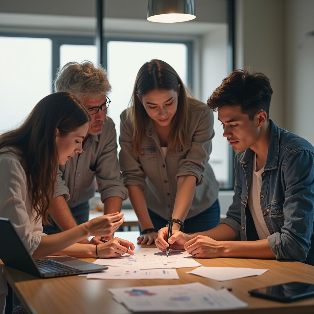 Group of four people around a table, collaborating on papers. One person points with a pen.