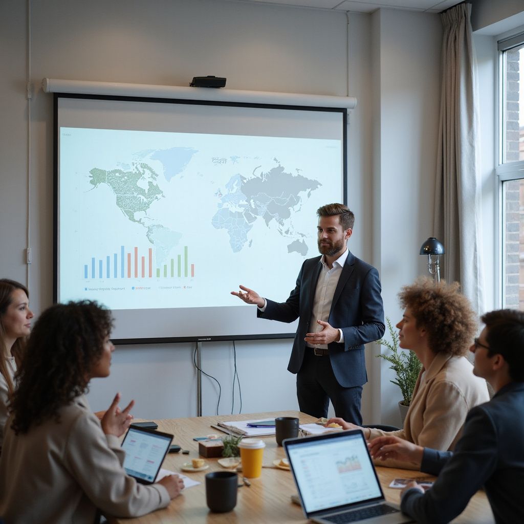 Man presenting to colleagues, using a world map and bar graph, in an office.