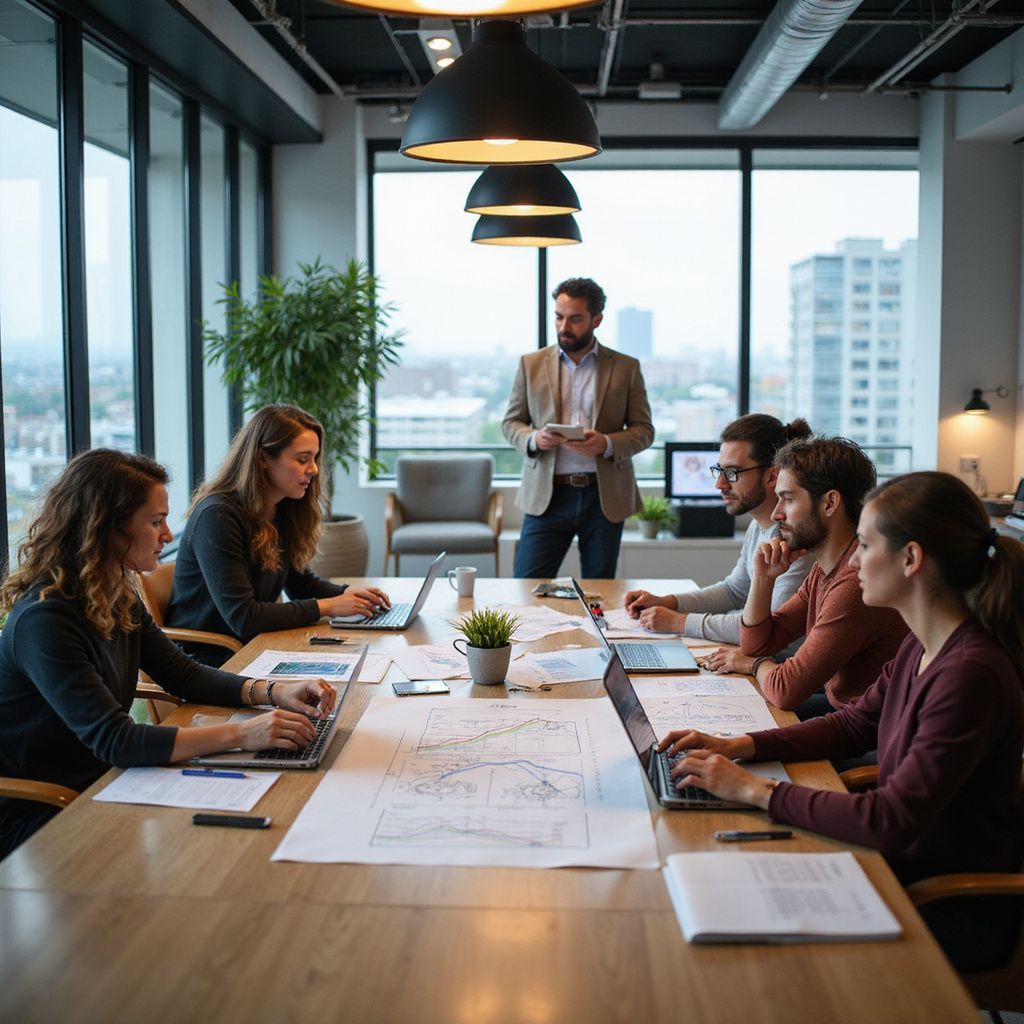 A business meeting: Six people at a table with laptops, a man standing, presenting. Office with city view.