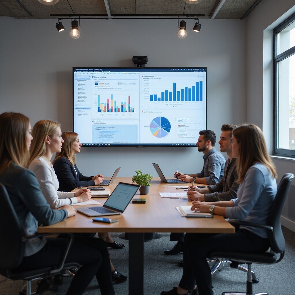 Group of colleagues in a meeting, looking at a screen displaying charts and graphs.