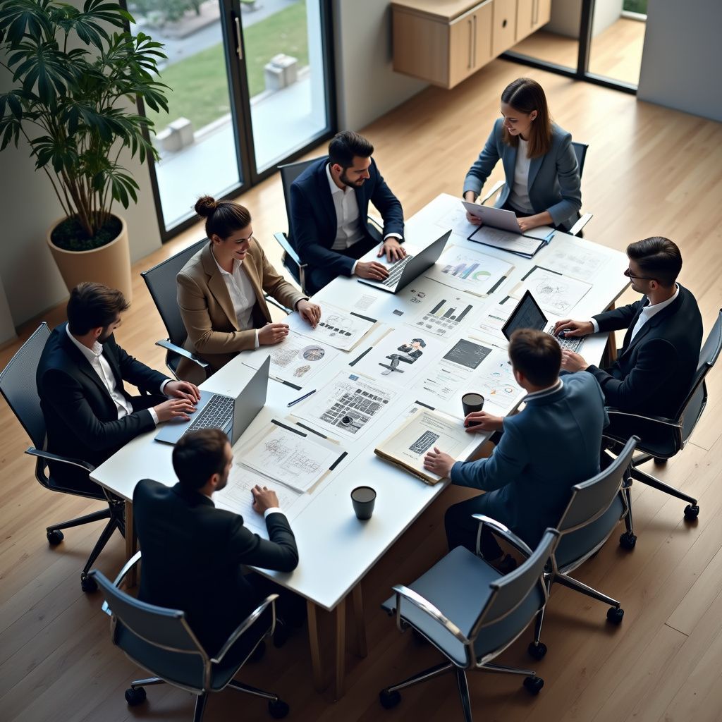 Business team in suits at a white table, reviewing documents, using laptops, in a modern office.