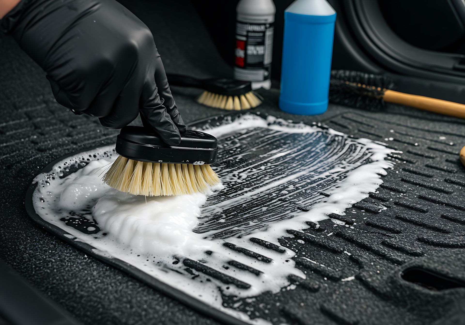 Person wearing black gloves scrubbing a car floor mat with a brush and soapy water.