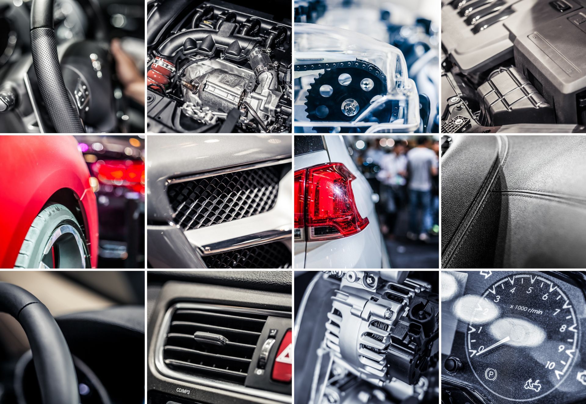 Collage of car parts: engine, interior, exterior details, dashboard, and wheels.
