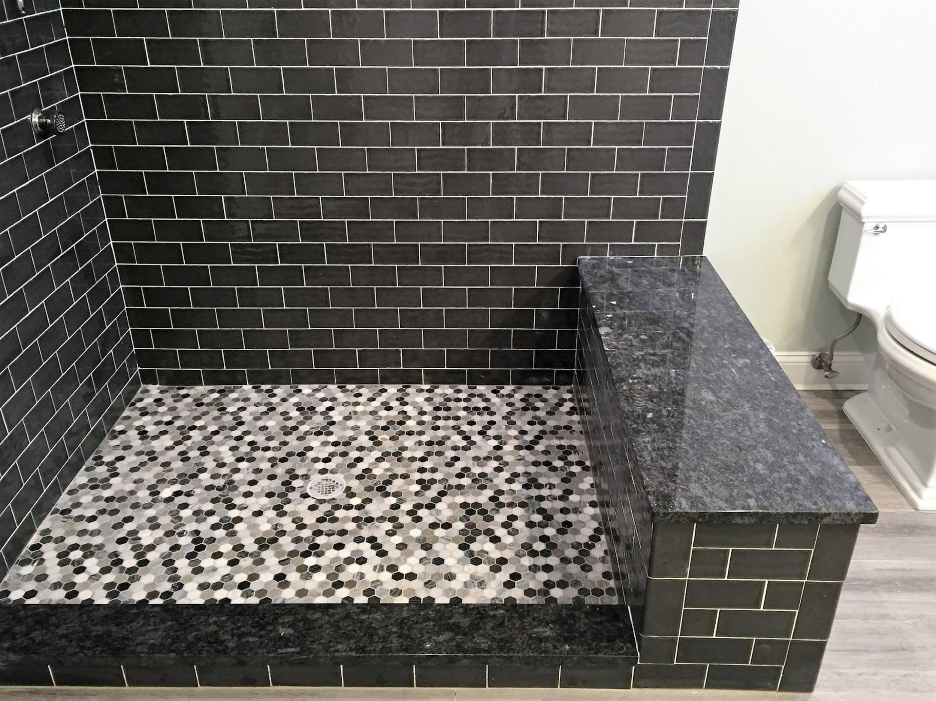 A bathroom with a walk in shower and a toilet.