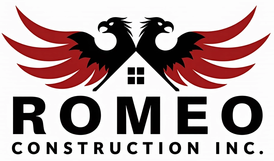 Logo: Romeo Construction Inc. with red roof houses and a hammer, black text.